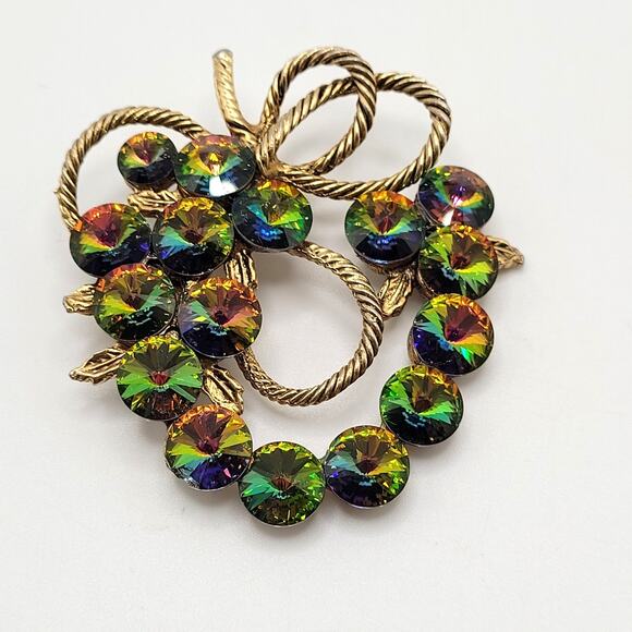Vintage Unsigned Watermelon Heliotrope Rivoli Brooch 2" Gold Tone Rope Bow